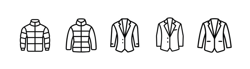 Men outerwear and clothing line icons set with winter puffer jacket, formal suit blazer, classic tuxedo coat & more vector illustration with editable stroke. © Purnorup Dream IT 