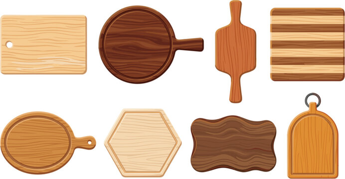 Wooden cutting boards vector collection featuring various shapes like rectangle round hexagon and striped kitchen chopping trays