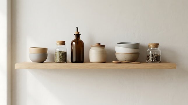Kitchen essentials on a wooden shelf against a white wall.
