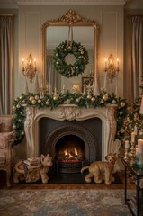 Fototapeta premium Decorative Fireplace With a Painting, Candles, and a Christmas Tree During Winter Season