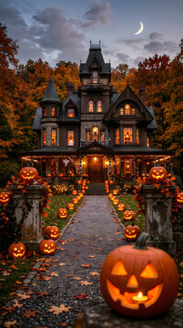 Spooky halloween victorian mansion with jack o' lanterns and autumn foliage
