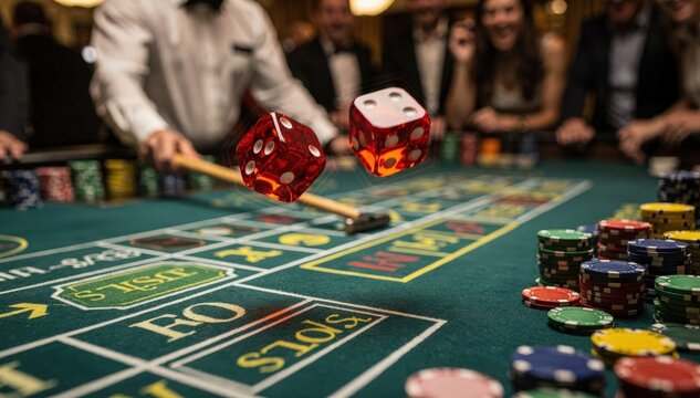 Medium shot of dice midair over a craps table layout with vibrant players chips and a stickman rake blurred in the background capturing intense game action.