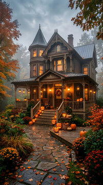 Spooky halloween victorian house exterior with pumpkins and fall foliage