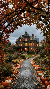 Spooky halloween mansion with pumpkins autumn estate for seasonal decorations and holiday themes