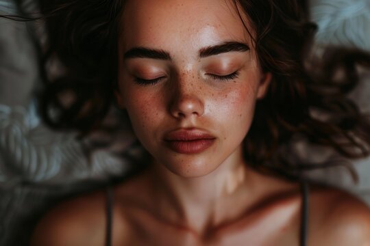 Young woman with freckles resting on a bed with her eyes closed