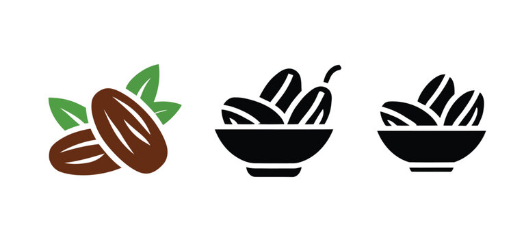 Ramadan Dates Fruit Icon Set Featuring Bowl of Fresh Dates, Islamic Iftar Food, Traditional Dry Fruit Collection Isolated on White Background Vector Illustration