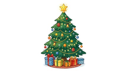 Naklejka premium Cartoon Christmas tree with presents and ornaments on white background