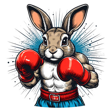 A Rabbit wearing boxing gloves in fighting stance looks determined powerful and full of energetic retro comic line art energy generative AI