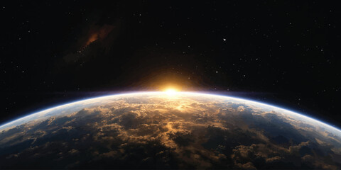 Earth planet horizon view from space with bright sun rising over the atmosphere universe astronomy spacecraft exploration scientific astrophysics darkness curvature geography © jr graphics