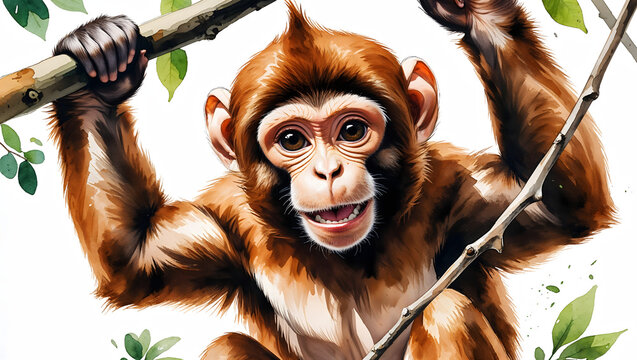 A Illustration of playful capuchin monkey hanging from branch looks active expressive and full of natural curious watercolor wildlife personality energy generative AI