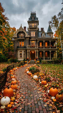 Spooky halloween victorian mansion with pumpkins and fall foliage autumn decor