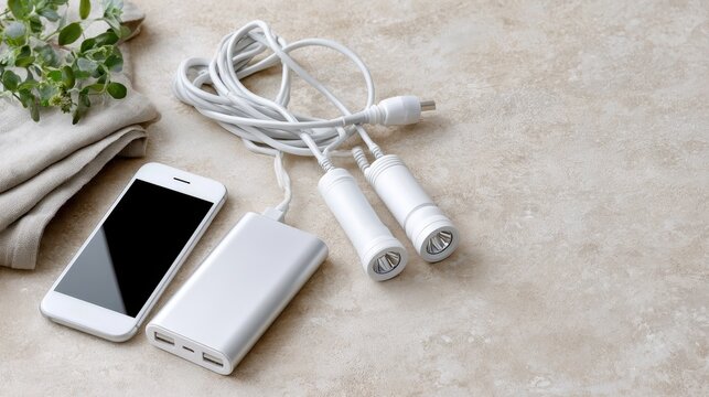 A power bank charges a phone and flashlight while cables are neatly organized on a neutral surface