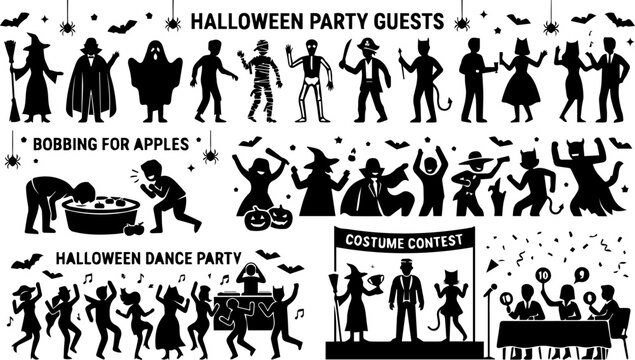 Halloween Party Guests Silhouette Set &ndash; Costume Contest, Dance Party, Monster Character Icons
