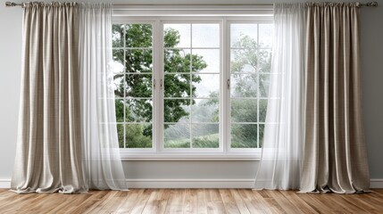 Fototapeta premium Heavy rain and strong wind are visible outside the window, while the interior space remains empty and safe, showing a clear contrast