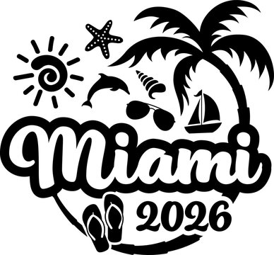 Miami Florida 2026 with Vacation and Trip Elements - Palm Tree Sunglasses Dolphin