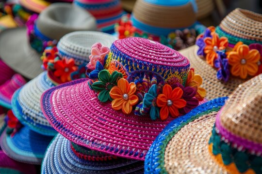 Traditional mexican hats adorned with colorful flowers showcase the artistry and cultural heritage of local artisans