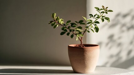 Obraz premium A small potted plant with green leaves sits in a textured terracotta pot on a light surface under soft natural lighting