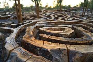 Naklejka premium Low angle view of a complex maze crafted from tree trunks, creating a unique play area in a park