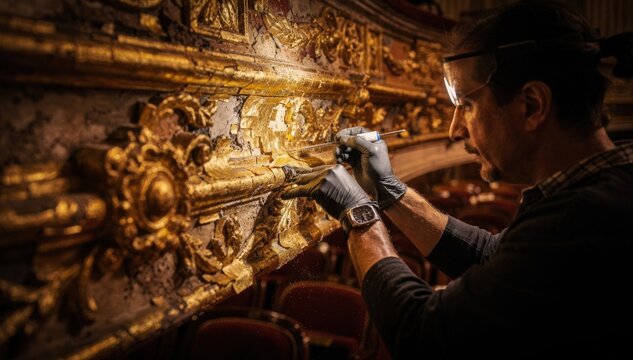 Spotlight on specialist cleaning gold leaf on proscenium arch details with precision medium shot capturing texture and color contrast against blurred theater seating rows.