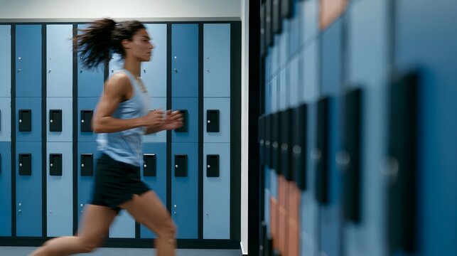 A person running past blue lockers in an indoor fitness facility during physical activity