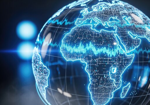 Blue digital earth hologram with audio waveform overlays.