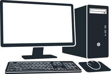 Fototapeta premium Black silhouette icon of a desktop computer set with a monitor screen, a tower case, a keyboard and a computer mouse on a desk for office work and gaming setup