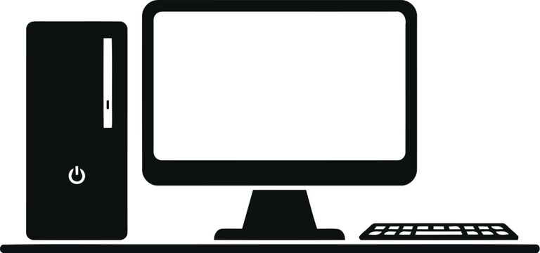 Black silhouette icon of a desktop computer with a monitor and keyboard on a table for office work and business technology concept