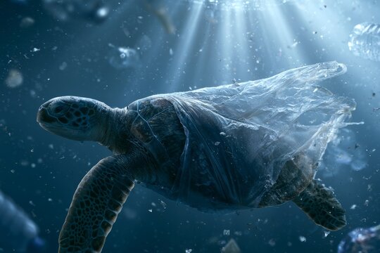 Sea turtle struggling with plastic bag in ocean pollution