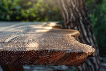 Obraz premium Live edge wooden slab tabletop with blurred natural background, showcasing the beauty of wood grain and craftsmanship