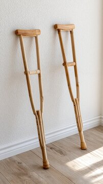 Crutches rest against an empty wall in a minimal interior. A vase with dried branches sits nearby, adding a touch of decor