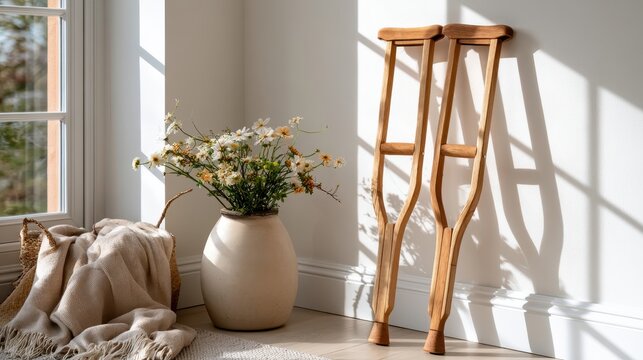 Crutches rest against an empty wall in a minimal interior. A vase with dried branches sits nearby, adding a touch of decor