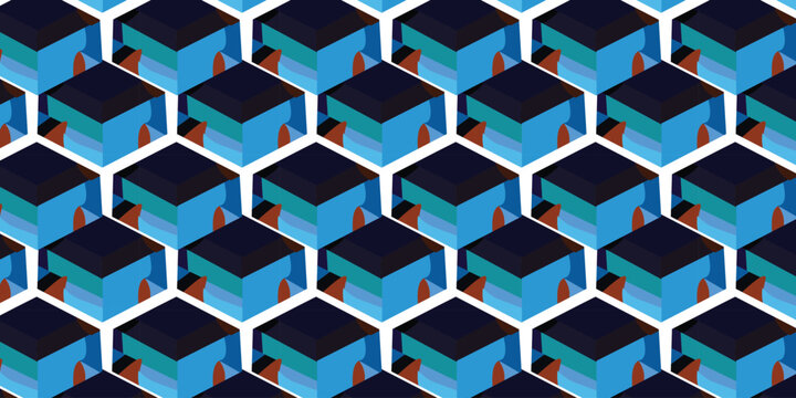 Isometric blue cube pattern, seamless geometric block background vector, abstract 3D hexagonal box texture for corporate branding and web design