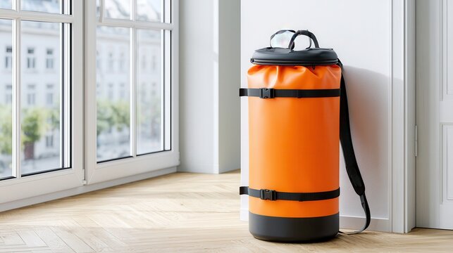 An emergency backpack sits next to a chair in a modern interior during morning light, representing preparedness in a home setting