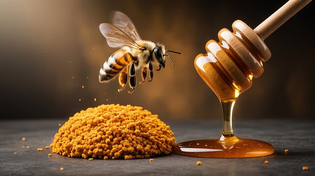 A honey bee flying near pollen and honey with a honey dipper showing sweet and natural foods