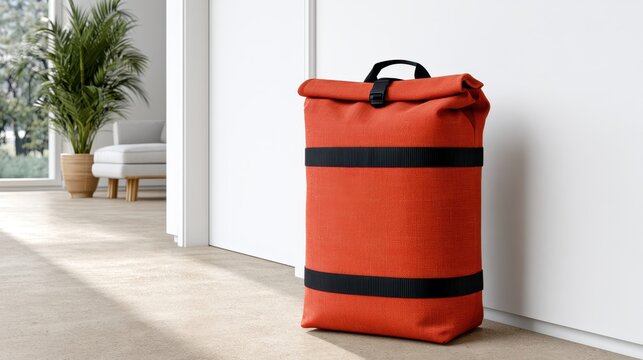 An emergency backpack with a red cross is placed by the door in a clean space, ready for quick access in the morning light