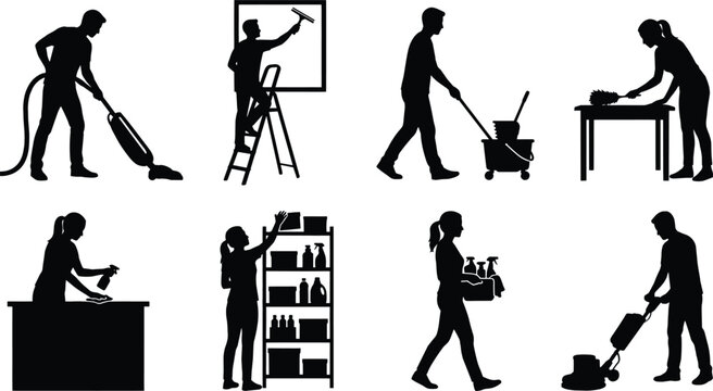 Cleaning service silhouette illustration, janitor vacuuming, window washing, mopping floor, dusting furniture, wiping surfaces, organizing supplies, carrying tools, floor polishing, housekeeping and s