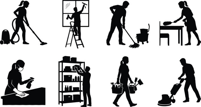Cleaning service silhouette illustration, janitor vacuuming, window washing, mopping floor, dusting furniture, wiping surfaces, organizing shelves, carrying supplies, floor polishing, housekeeping and