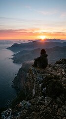 Fototapeta premium A Soulful Moment of Solitude at Sunset: A Lone Hiker Overlooking the Vast Coastal Horizon and Serene Mountain Ranges from a Rugged Cliff Edge
