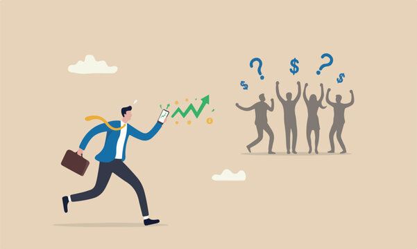 Fear of missing or anxiety to follow trend or people who share high profit experience concept, greed businessman run to follow people who get rich with crypto trading