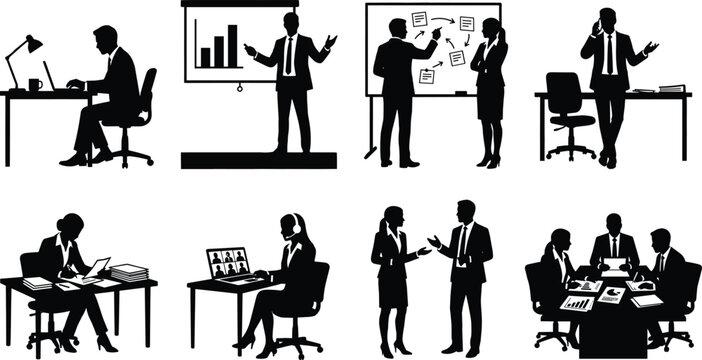 Business and office worker silhouettes performing laptop work, presentation, brainstorming, phone conversation, paperwork, video meeting, standing discussion, business planning teamwork vector illustr
