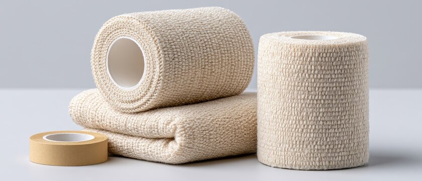 Folded bandages and medical tape are neatly arranged with a soft focus background. The scene is equipped with a touch of greenery
