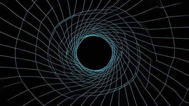 A geometric pattern with grid-like lines that curve toward a dark, central focal point
