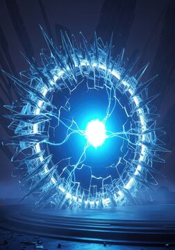 Blue electrical portal ring with sharp crystalline shards.