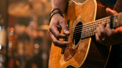 Fototapeta premium Close Up of Musician Hands Strumming and Fretting Chords on Acoustic Guitar Strings on Stage
