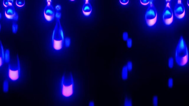 neon glowing blue and purple rain drops falling on black background intro video
