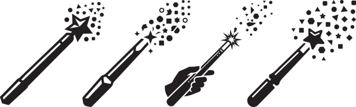 Black and white magic wands with sparkling particles and stars flying out