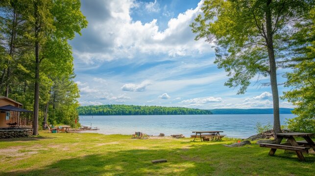 Lakeside picnic area with cabins and trees under a cloudy sky