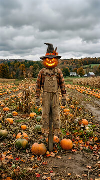 Halloween scarecrow in pumpkin patch autumn harvest and spooky fall decor scene