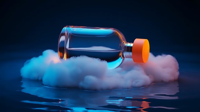 A mesmerizing artistic composition of a clear water bottle resting on fluffy clouds with a vibrant orange cap in a luminous environment.