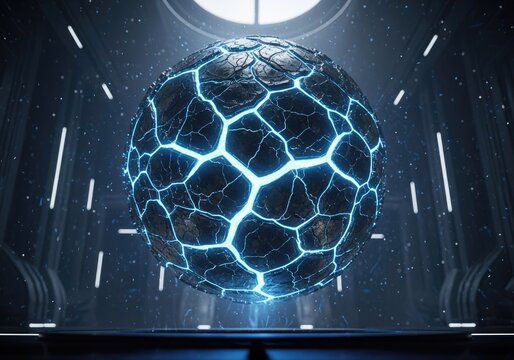 Blue energy orb floating in futuristic laboratory chamber.